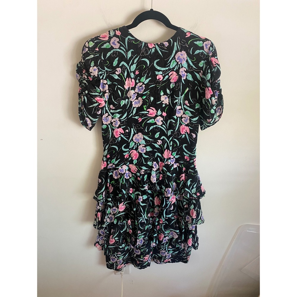 Maggy London Jeannene Booher Vintage Silk Floral Tiered Drop Waist Dress Black 8